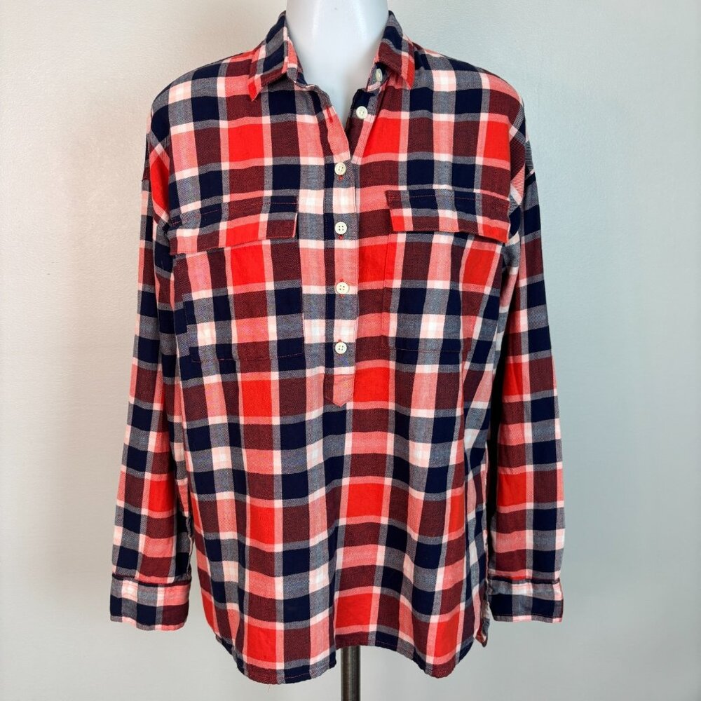 Old Navy Boyfriend Shirt Small Blue Red Plaid Flannel Popover Top Cotton Women's